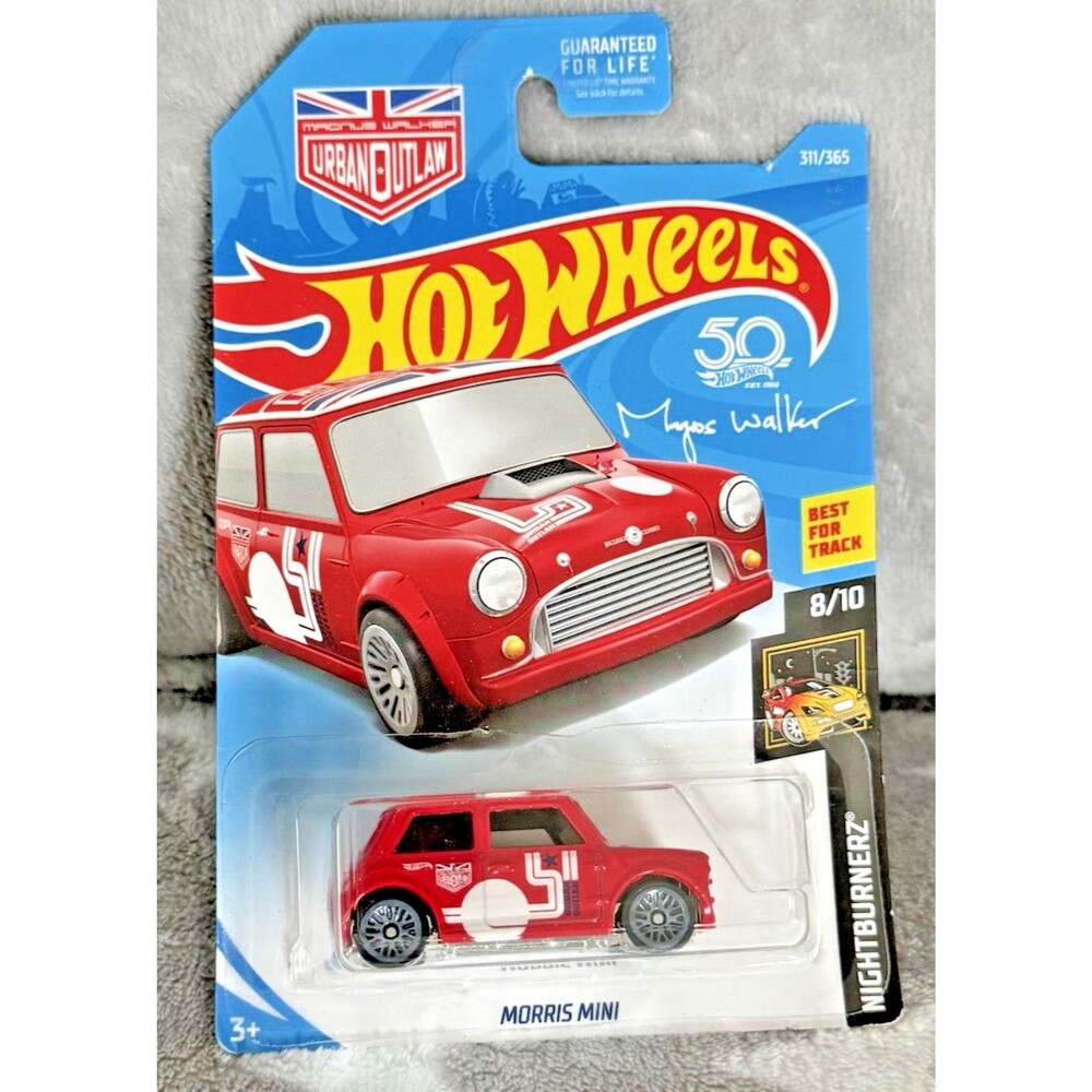 2018 Hot Wheels #311 NIGHTBURNERZ 8/10 MORRIS MINI Red w/Gray Lace Spoke Wheels